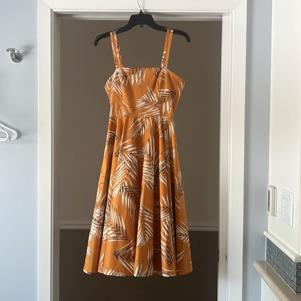 White House Black Market palm leaf Fit and Flare cocktail dress